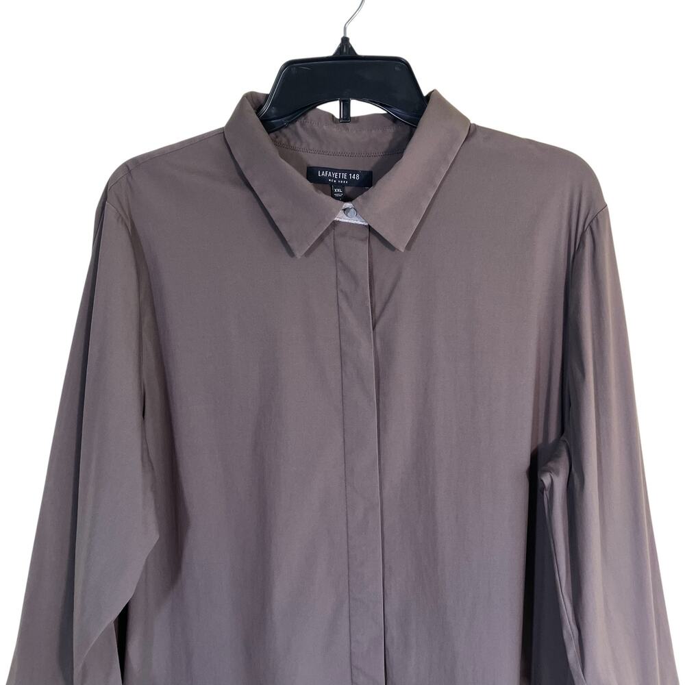 Lafayette 148 Womens XXL Taupe Brown Hip Length Button-Up Shirt Minimalist Clean - Picture 2 of 16